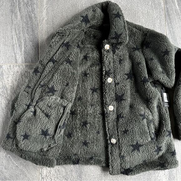 NWT PJ Salvage Cozy Button Up Jacket w/ Pockets in Olive Green Black Stars Small - Picture 10 of 16